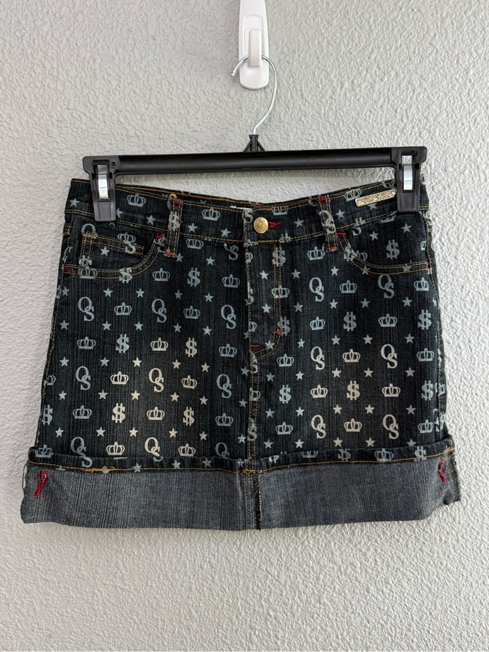 Old Skool Denim Mini Skirt with Crown & Dollar Print Size 16